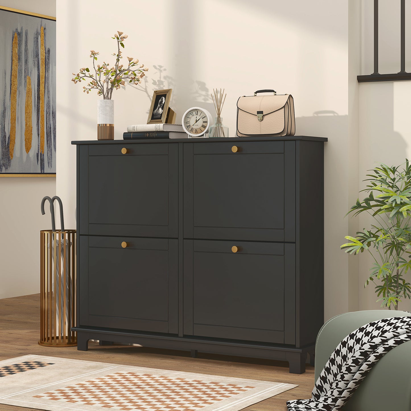 Narrow Shoe Storage Cabinet, Slim Shoe Cabinet with 4 Flip Drawers, Adjustable Shelves for 16 Pairs of Shoes, Black
