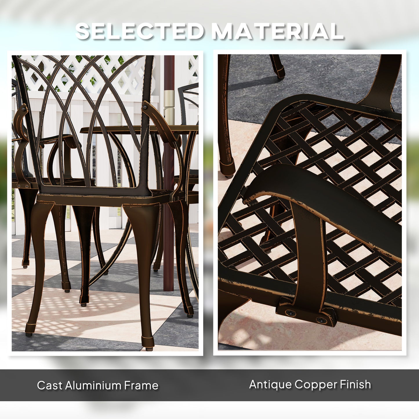 5 Piece Cast Aluminium Garden Dining Set | 4 Armchairs | Round Table Dia 85cm | 50mm Parasol Hole | Adjustable Feet | 160kg | Bronze Tone