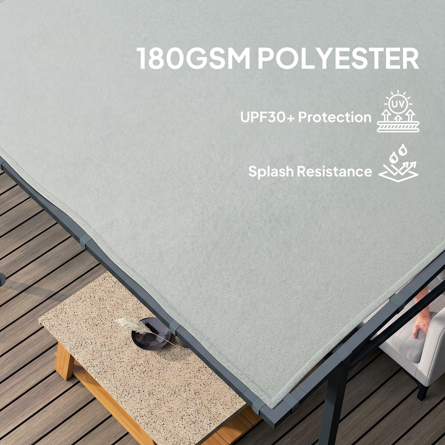 Wall Mounted Lean-To Pergola Gazebo | 2.4x2.4m | 180g PA Coating Fabric | UPF30+ | Splash-Resistant | Powder-Coated Metal Frame | Hook & Loop Fasteners | Ground Stakes | Light Grey