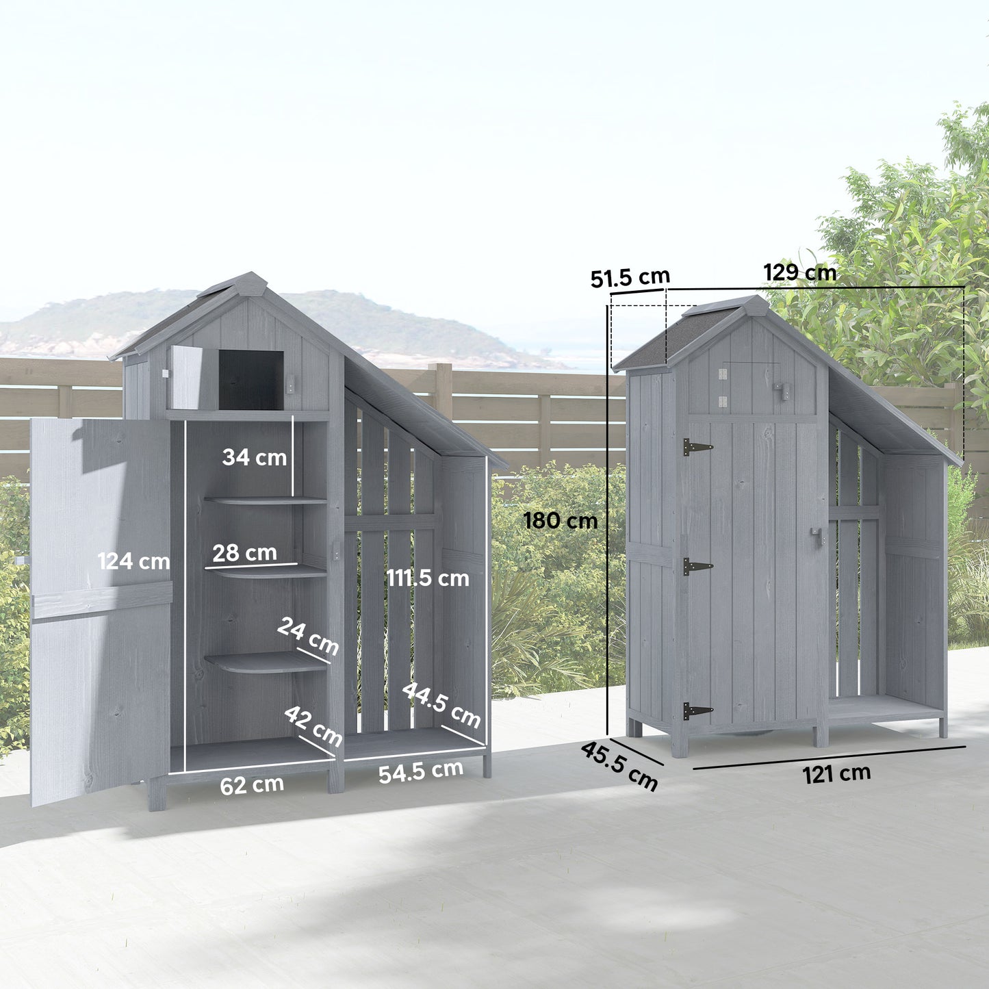 Outsunny Garden Outdoor Storage Shed 3 Shelves Tilt Roof w/ Firewood Rack Log Carrier, 129L x 51.5W x 180H cm