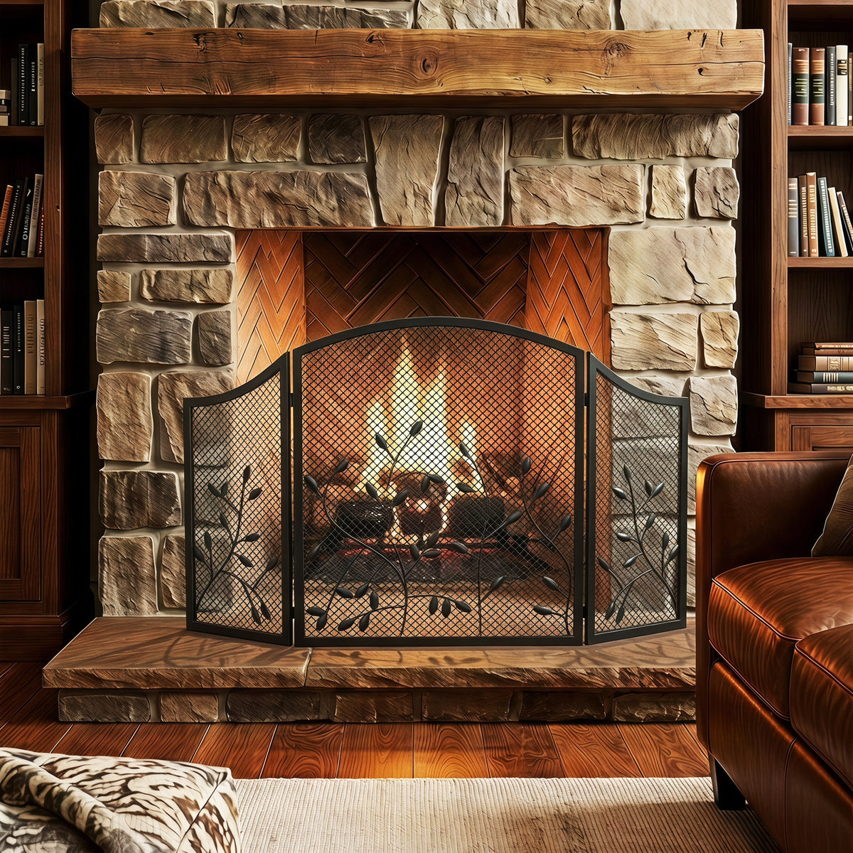 3-Panel Folding Fireplace Screen | Powder-Coated Metal | Spark Guard | 122x75cm Open | Folds to 61cm | Adjustable Layout | No Assembly | Black