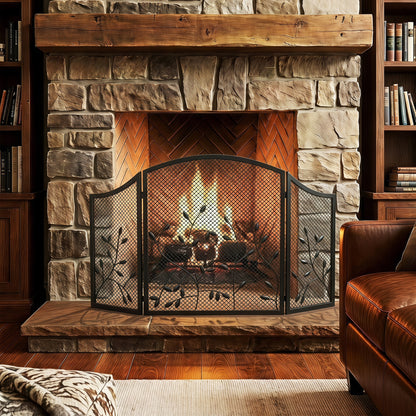 3-Panel Folding Fireplace Screen | Powder-Coated Metal | Spark Guard | 122x75cm Open | Folds to 61cm | Adjustable Layout | No Assembly | Black