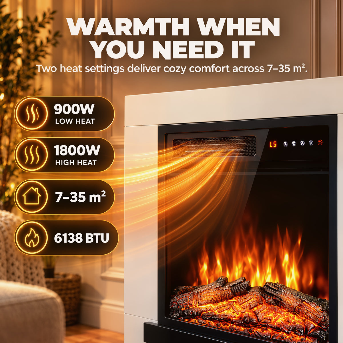 80cm Freestanding Electric Fireplace Suite | 900/1800W, Log Effect, 5 Brightness & Speed Settings | Remote, 8-Hour Timer & White Surround