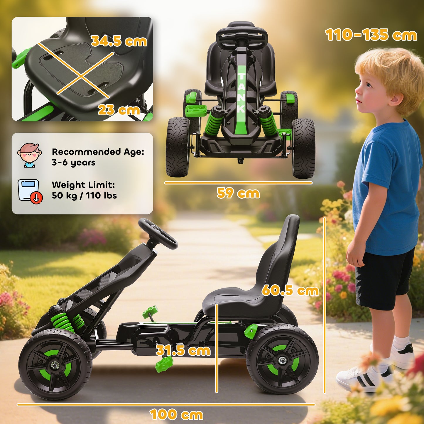 AIYAPLAY Pedal Go kart for Kids Ages 3-6 Years, with Automatic Clutch, Brake, EVA Anti-Slip Wheels, Green / Red / Pink / Blue