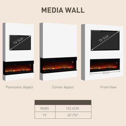 60inch/ 152cm Media Electric Fireplace Wall Mounted, Recessed Freestanding, Glass Electric Fire W/ Adjustable LED Flame Effect, 1800W, Black