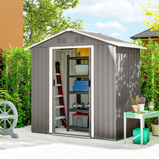 Galvanised Steel Garden Storage Shed | Double Sliding Lockable Door | 4 Vents | Sloped Roof | Steel Tile Roof & Walls | 194x107x191cm | 1.8m² | Light Grey