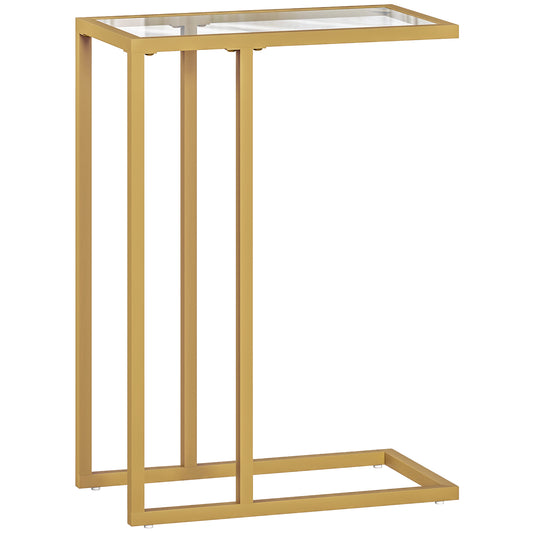 C-Shaped Bedside Table, Modern Side Table with Tempered Glass Tabletop, Steel Frame for Small Space, Living Room, Bedroom, Gold Tone