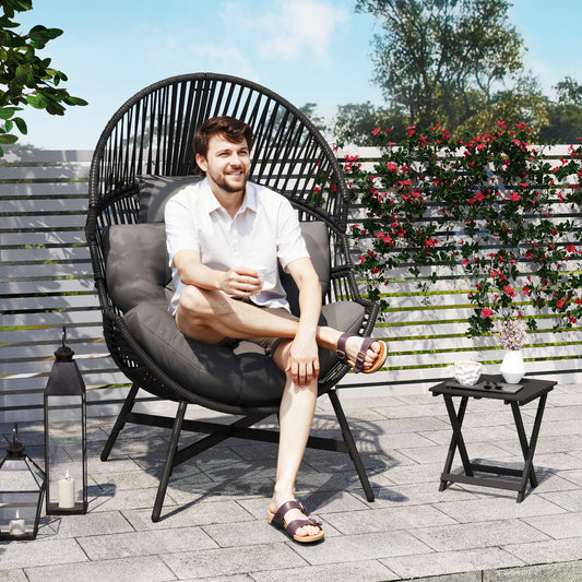 Outsunny Standing Rattan Egg Chair Outdoor, Oversized Wicker Garden Egg Chair with Thick Tufted Cushion, Headrest, Steel Frame, Charcoal Grey