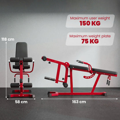 SPORTNOW 3-in-1 Weight Bench & Leg Extension Curl Machine | Red | 163x58x118cm | 300kg Capacity | 6-Position Backrest 0-100° | Leg Developer 0-90° | 75kg Weight Peg | Steel & PU Leather