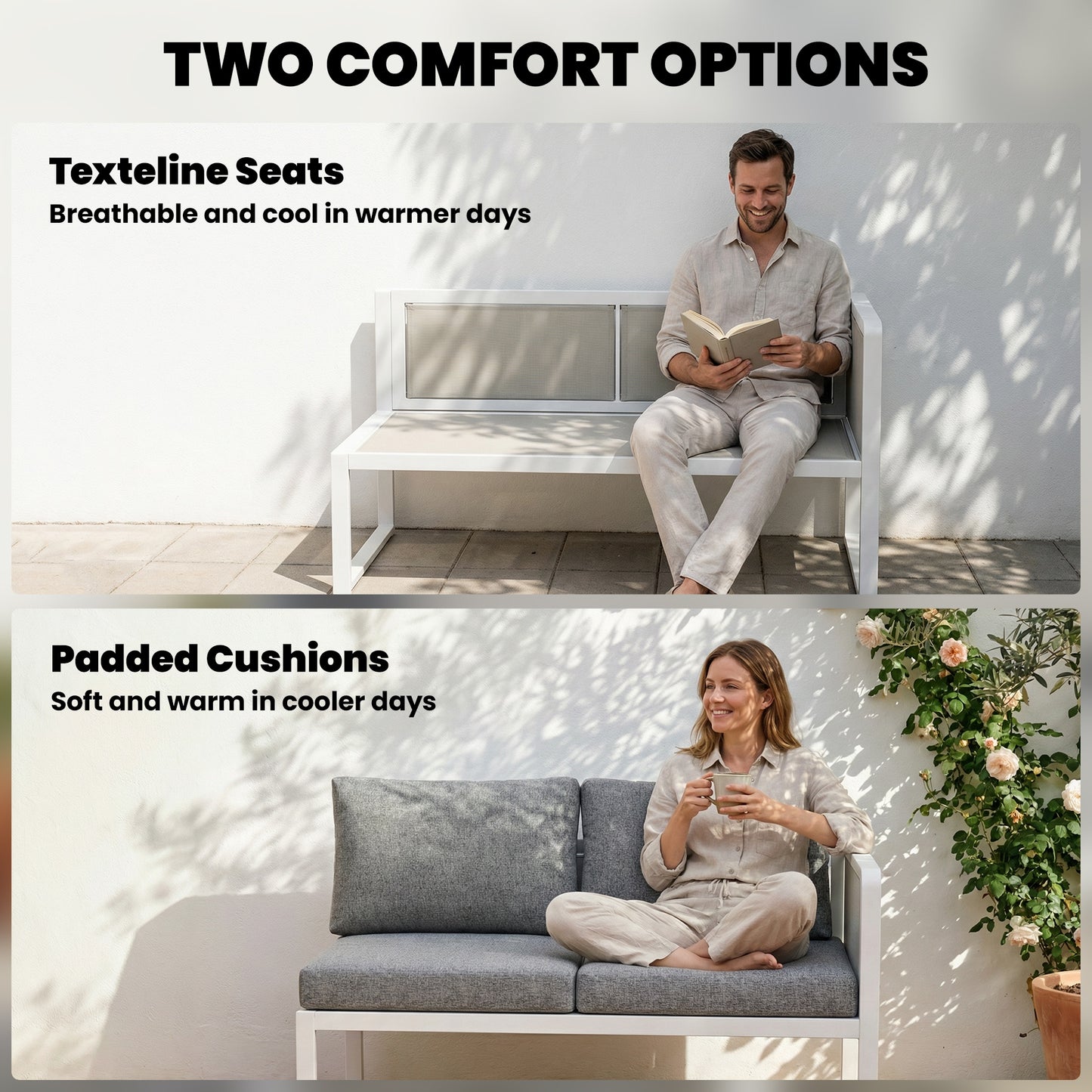 6-Seater Modular Garden Sofa Set | 3 Loveseats | Texteline Seating | Wood-Effect Slatted Coffee Table | Powder-Coated Metal Frame | 200gsm Cushions | 8cm Seat & 10cm Back | Washable Covers | 240kg | White