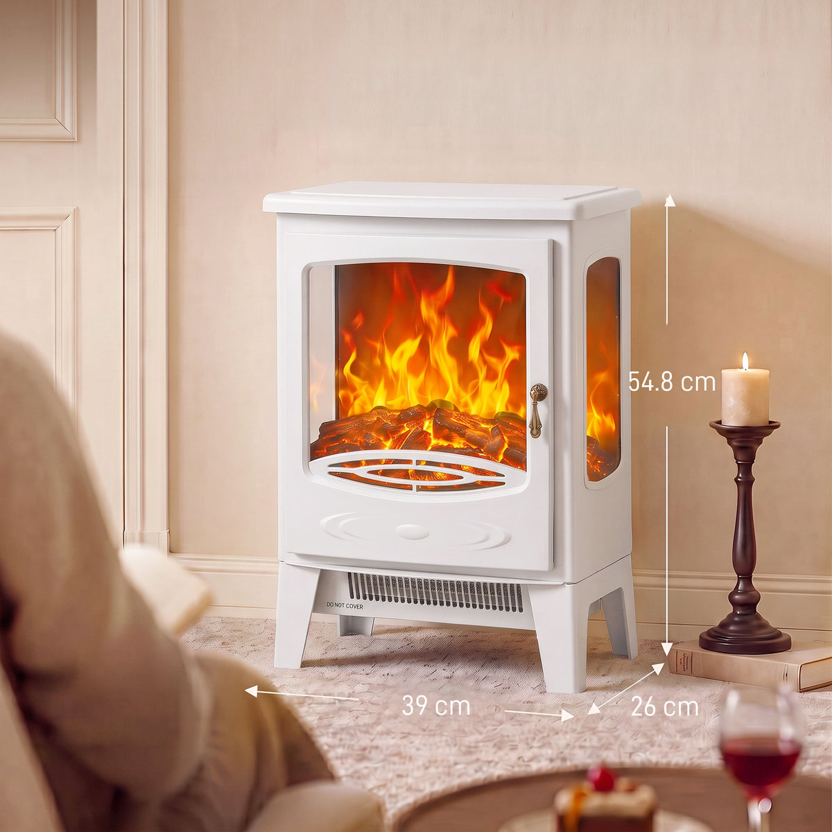 Freestanding Electric Stove | 900W/1800W Heater | 3-Sided Glass & Adjustable Flame Effect | 39 × 26 × 54.8cm | White or Grey