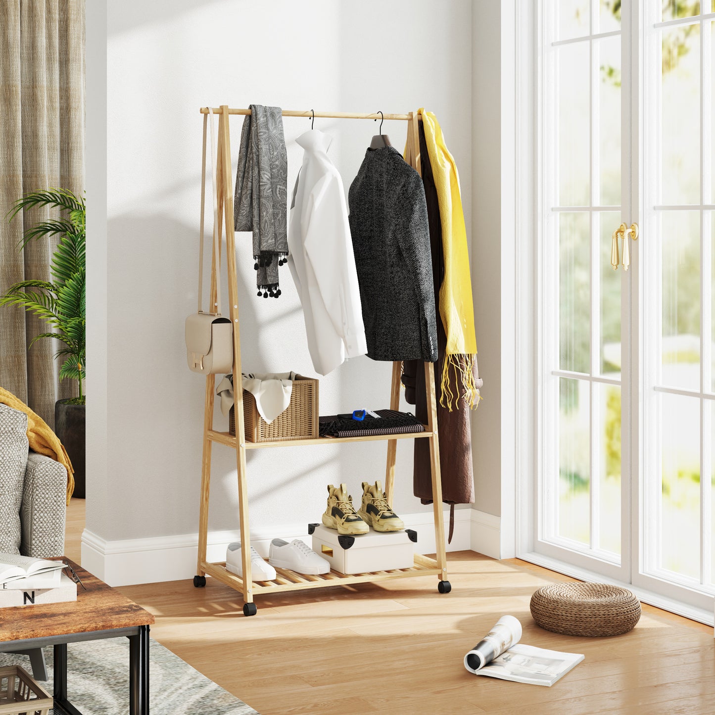 Bamboo Clothes Rack, with Shelves and Hooks - Natural Finish