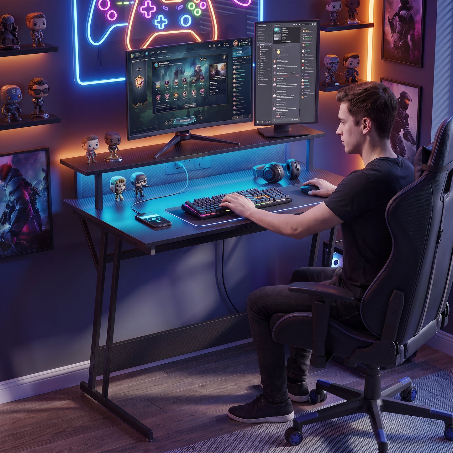 RGB LED Gaming Desk | 16 Colours & 4 Modes | 2 Power Outlets | USB & USB-C | 15cm Monitor Shelf | Z-Frame | 80kg | 100x60x88.5cm | Black