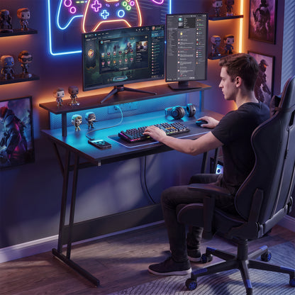 RGB LED Gaming Desk | 16 Colours & 4 Modes | 2 Power Outlets | USB & USB-C | 15cm Monitor Shelf | Z-Frame | 80kg | 100x60x88.5cm | Black