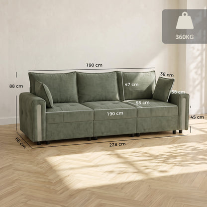 3-Seater Velvet Sofa with Lift-Up Storage | 228Wx68Dx88H cm | 190cm Wide Seat | 15cm Seat Cushion | 20cm Back Cushion | 15cm Arms | Multilayer Board & Metal Frame | 360kg | Living Room | Dark Green