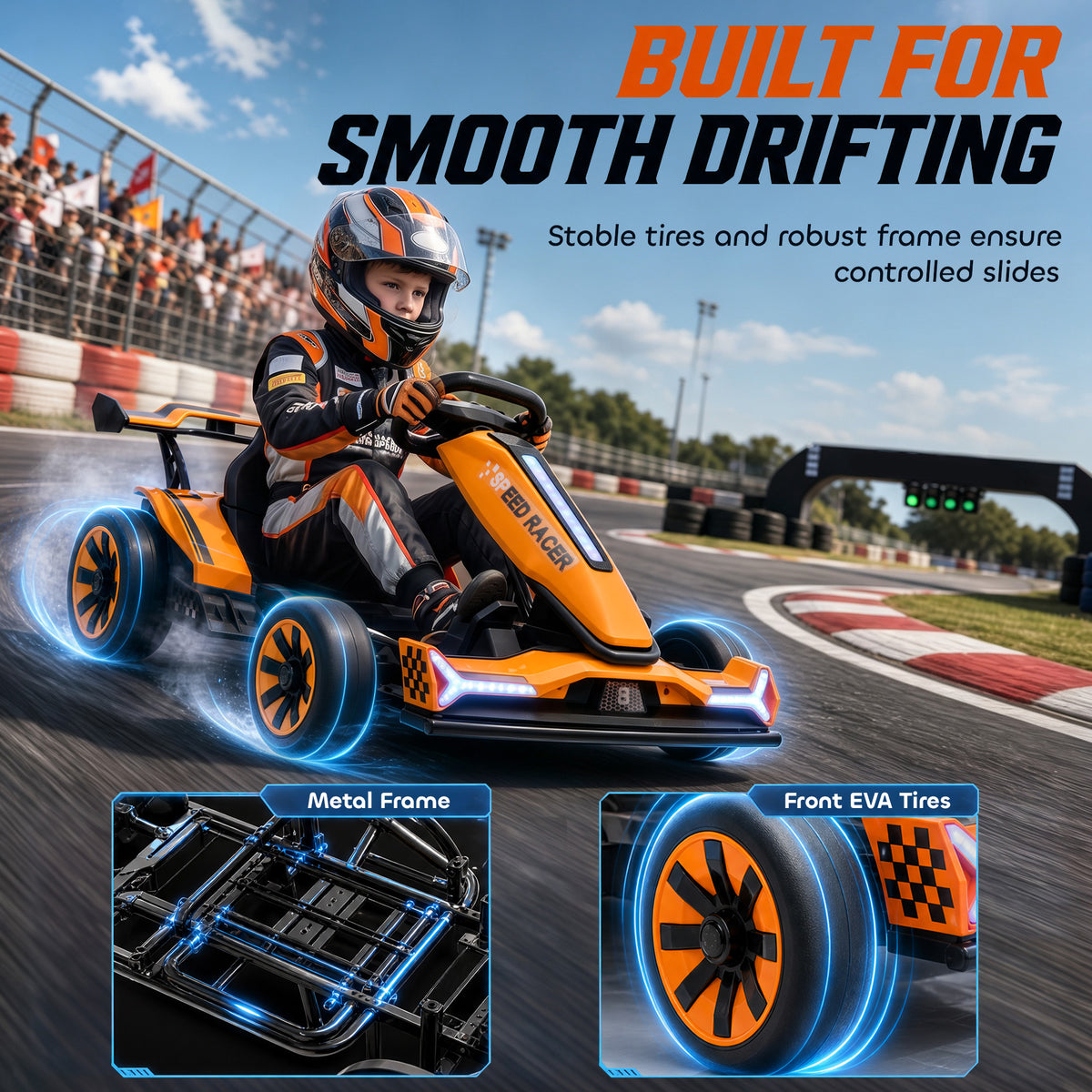24V Electric Go Kart for Kids | Drift Mode In-Place Spin | 3 Speeds 8–12km/h | Slow Start Forward & Reverse | Adjustable Seat | Multicolour Lights Music Horn USB | 2-Point Belt | 50kg | 131.5x76.5x53.5cm | Ages 6–12 | Orange Blue Pink Black
