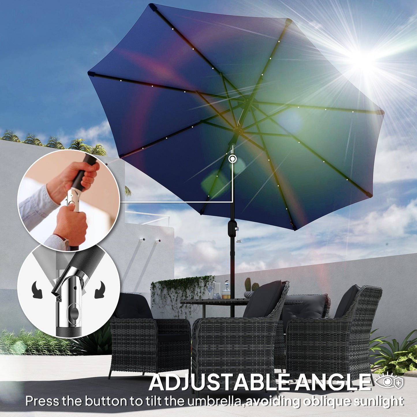 Outsunny 2.7m Outdoor Garden Umbrella with 24 LEDs Lights, Blue