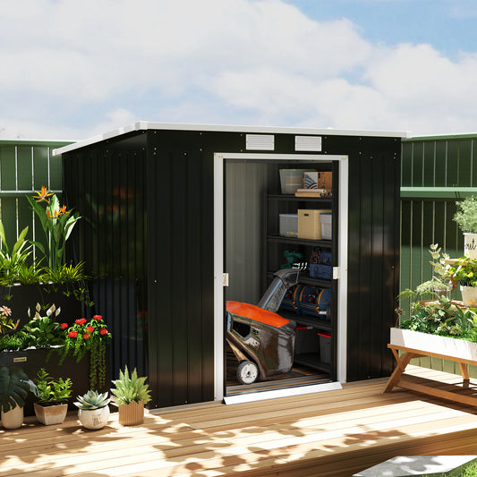 Outdoor Lean to Garden Metal Equipment Tool Storage Shed w/ Foundation Kit, Double Door, Vents and Sloped Roof, Dark Grey