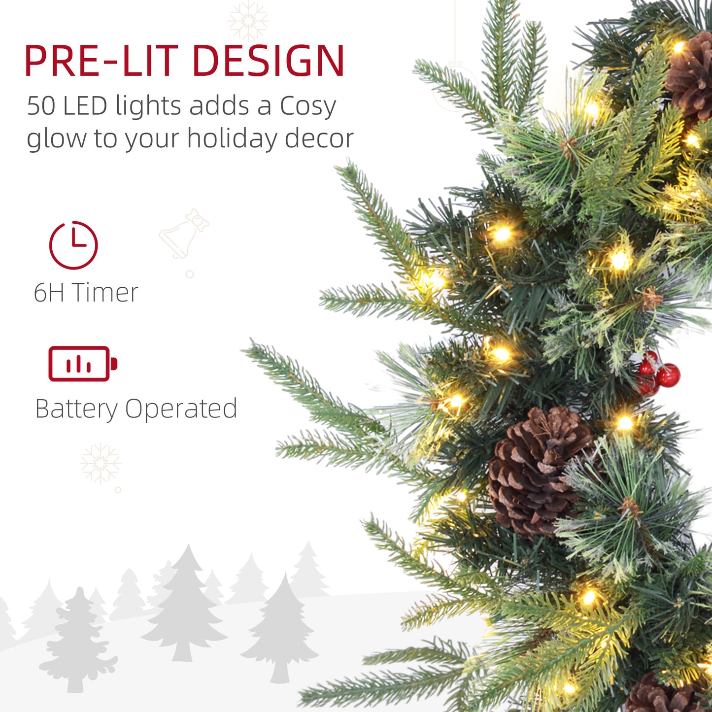 60cm Pre-Lit Christmas Wreath for Front Door with LED Lights, Pine Cones and Red Berries, Winter Wreath for Windows, Wall Decoration, Green