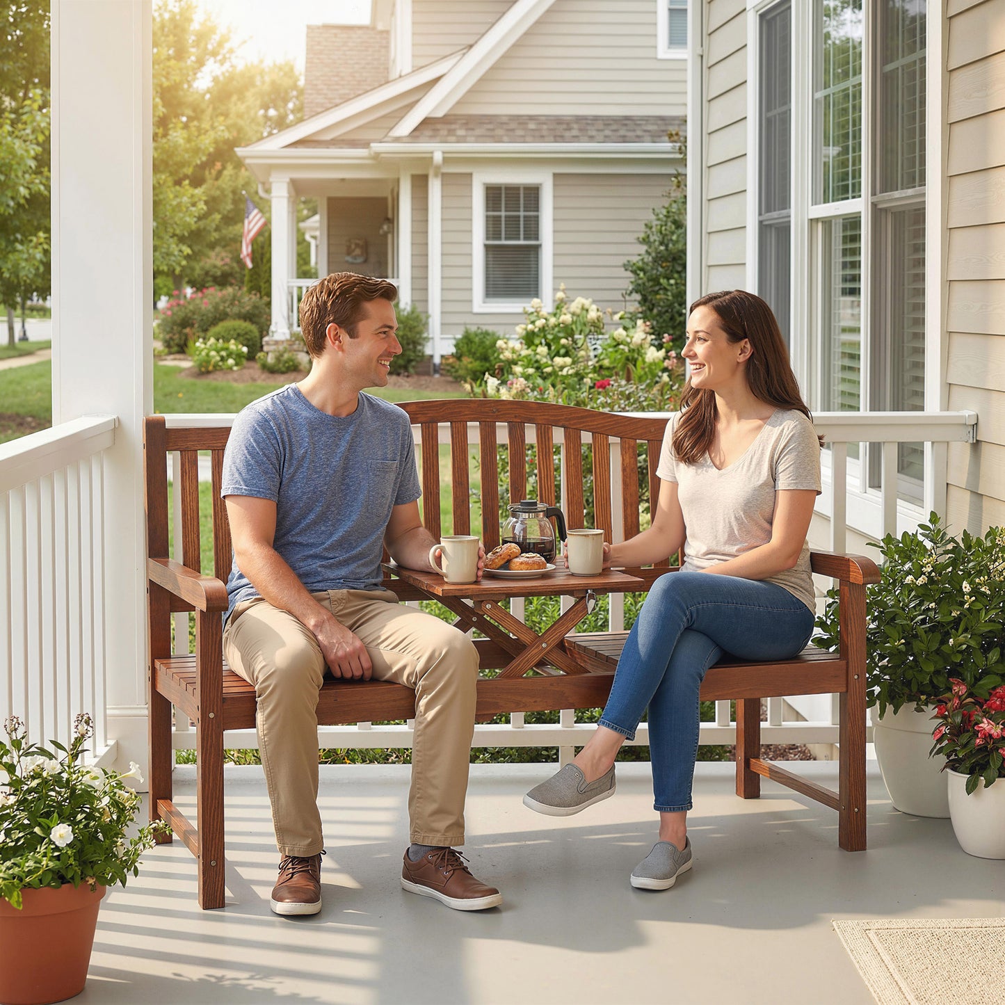 Convertible 2-3 Seater Garden Loveseat Bench | Liftable Table | 210D Waterproof Cover | Poplar Wood | 280kg Capacity | 150x63x98cm | Light Brown