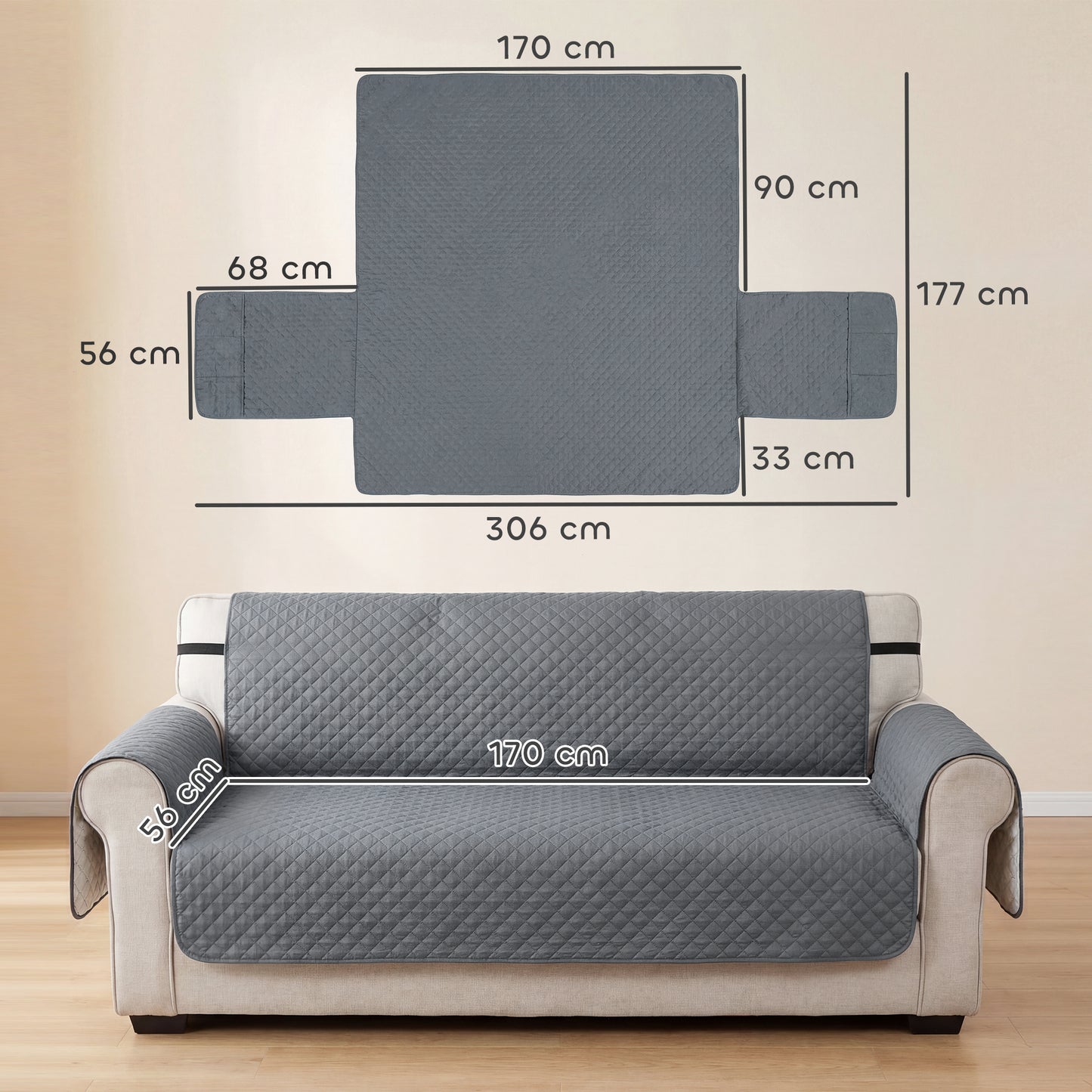 Waterproof 3-Seater Sofa Cover for Dogs, Cats & Pets | Non-Slip Backing & Elastic Straps | 2 Armrest Pockets | Machine Washable | Brushed Multi-Layer Fabric | 306x177cm | Grey