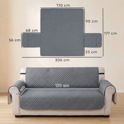 Waterproof 3-Seater Sofa Cover for Dogs, Cats & Pets | Non-Slip Backing & Elastic Straps | 2 Armrest Pockets | Machine Washable | Brushed Multi-Layer Fabric | 306x177cm | Grey