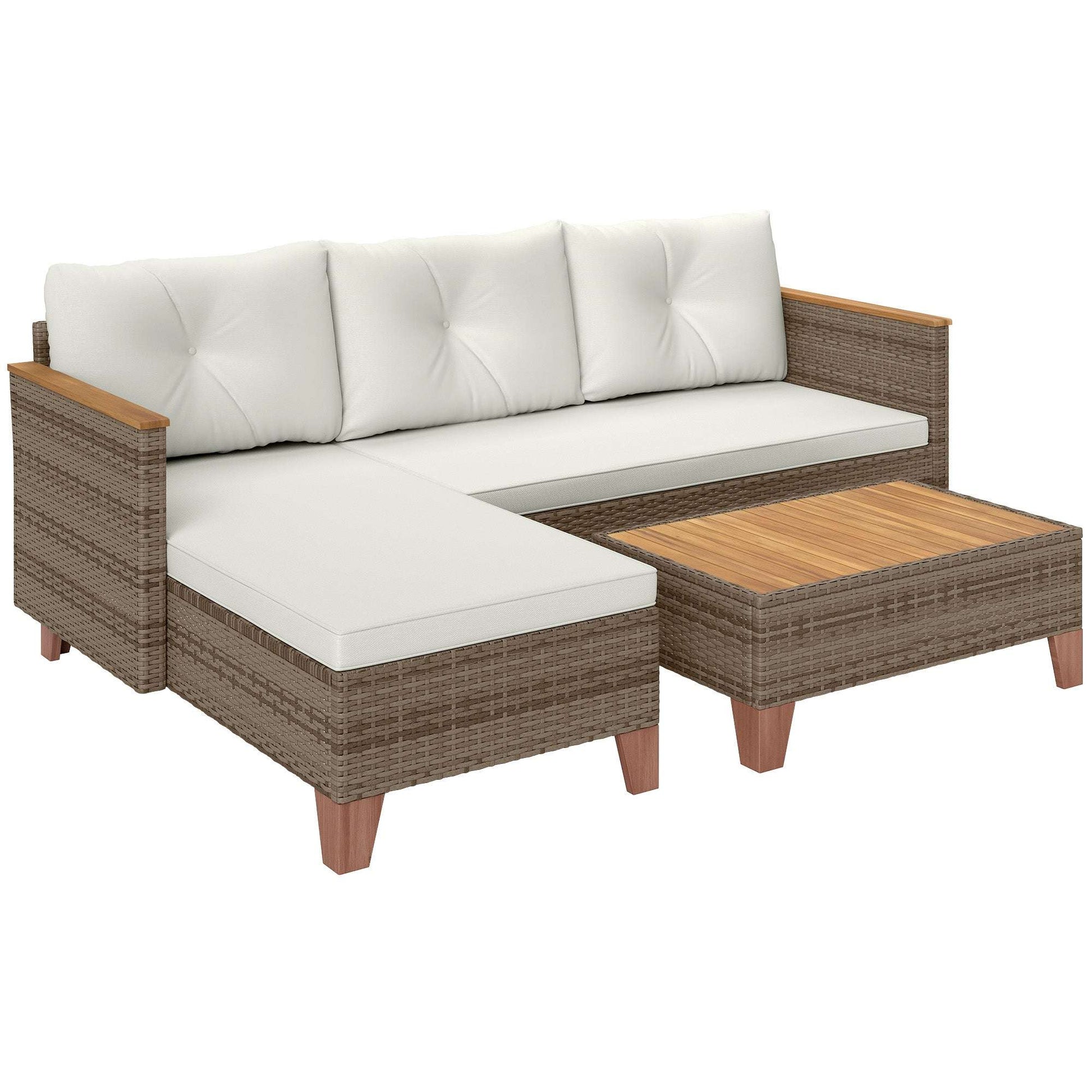 3 Pieces Rattan Garden Furniture Set, L Shaped Garden Conversation Chaise Lounge Furniture with Wood Top Coffee Table and Thick Cushions