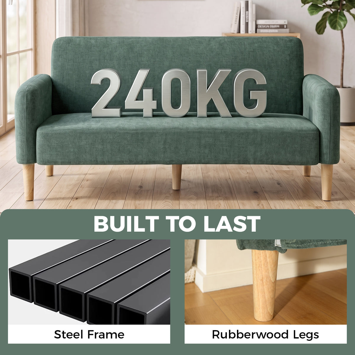 2 Seater Sofa | Dark Green Velvet-Feel Small Couch, 20cm Cushions & 240kg Capacity