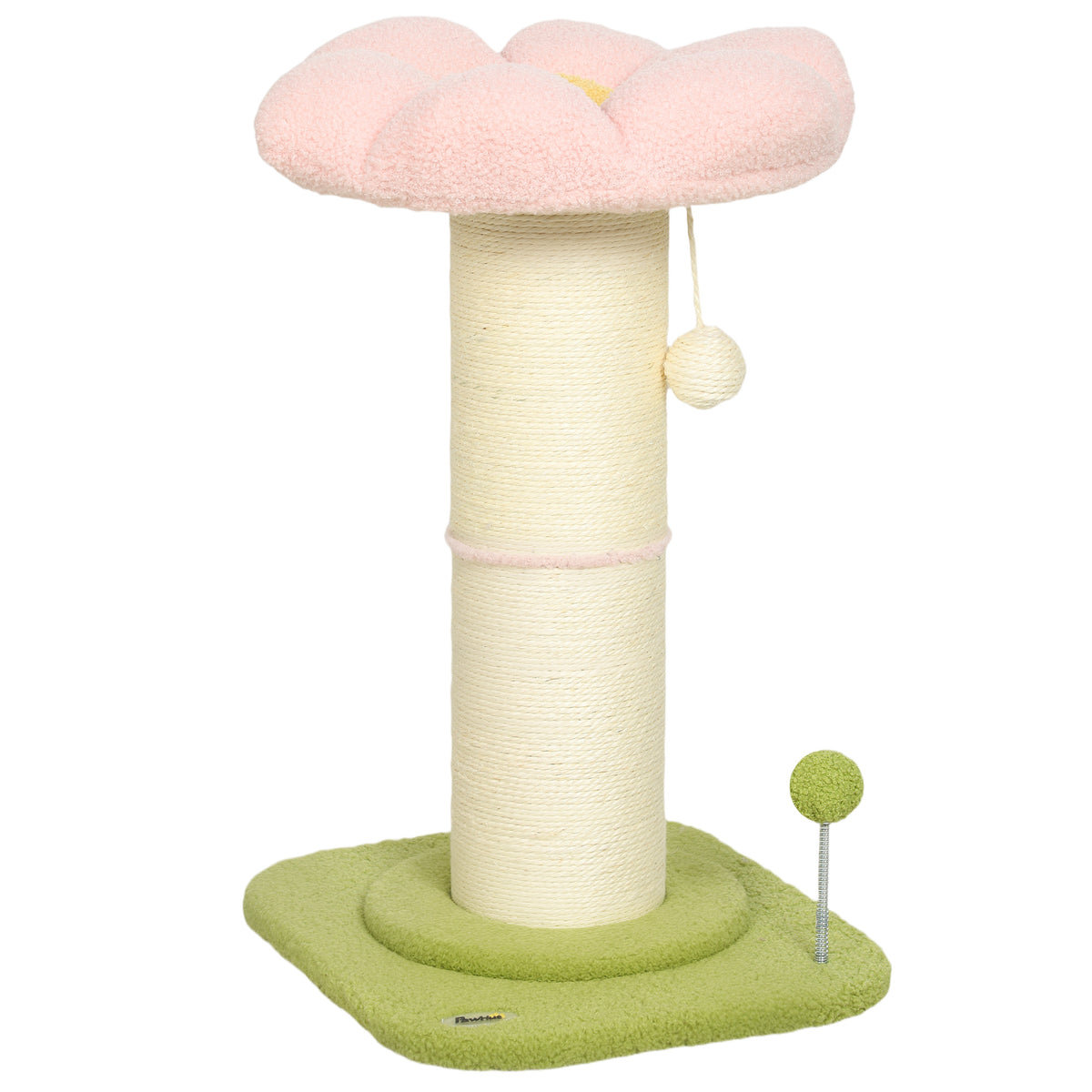 Pink & Green Compact Cat Tree | 59 cm Indoor Scratching Post with Flower Perch, Teddy Plush Bed & Spring Toys | For Cats Up to 5 kg