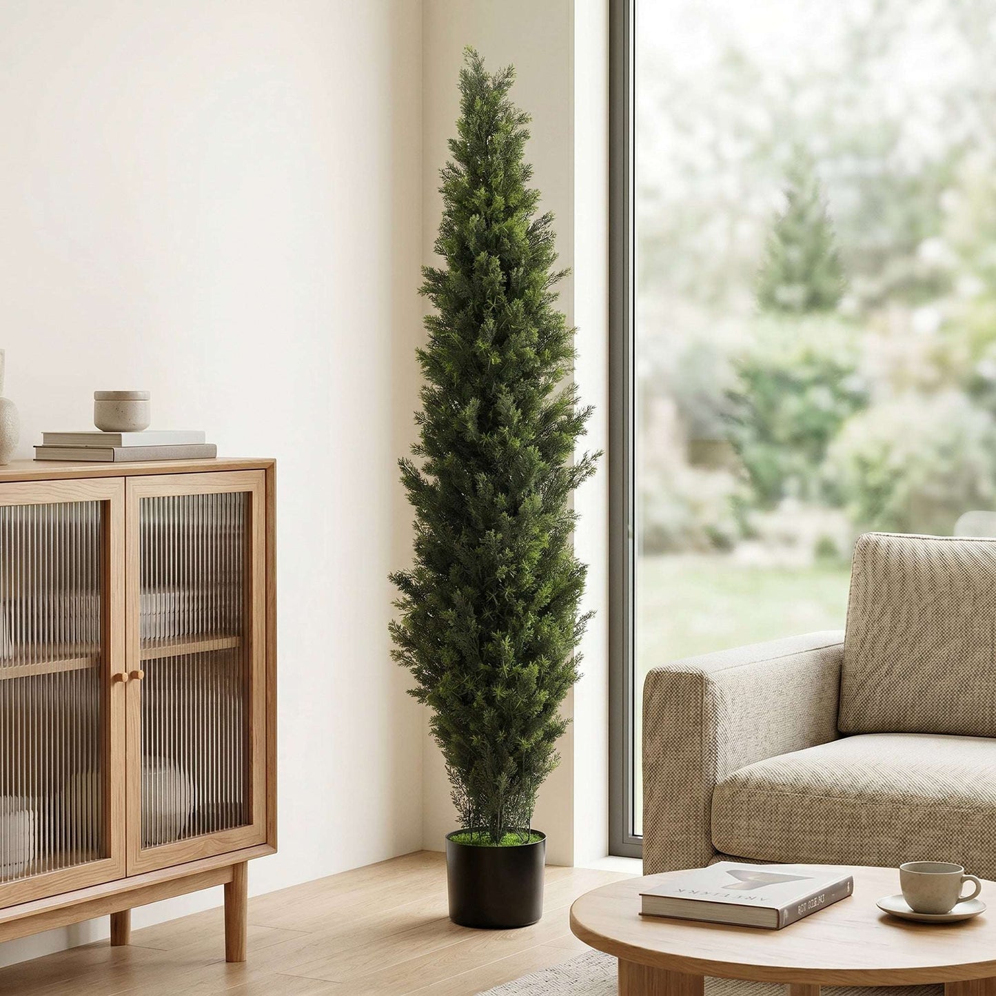 Set of 2 Artificial Cypress Trees | 150cm | 2035 PE Leaves | Shapeable Branches | Cement Base | No Maintenance | Green