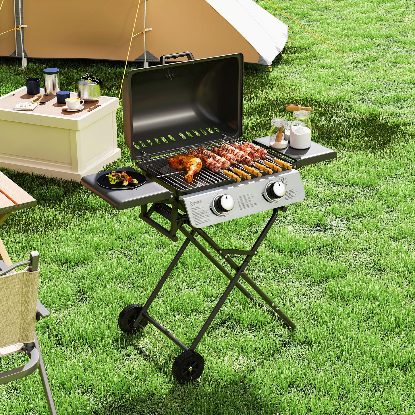 Foldable Gas BBQ with Side Tables, 2 Burner Portable Gas Barbecue Grill with Thermometer Lid Grease Tray Wheels, Folding Trolley for Garden Party