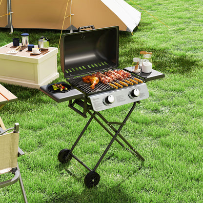 Foldable Gas BBQ with Side Tables, 2 Burner Portable Gas Barbecue Grill with Thermometer Lid Grease Tray Wheels, Folding Trolley for Garden Party