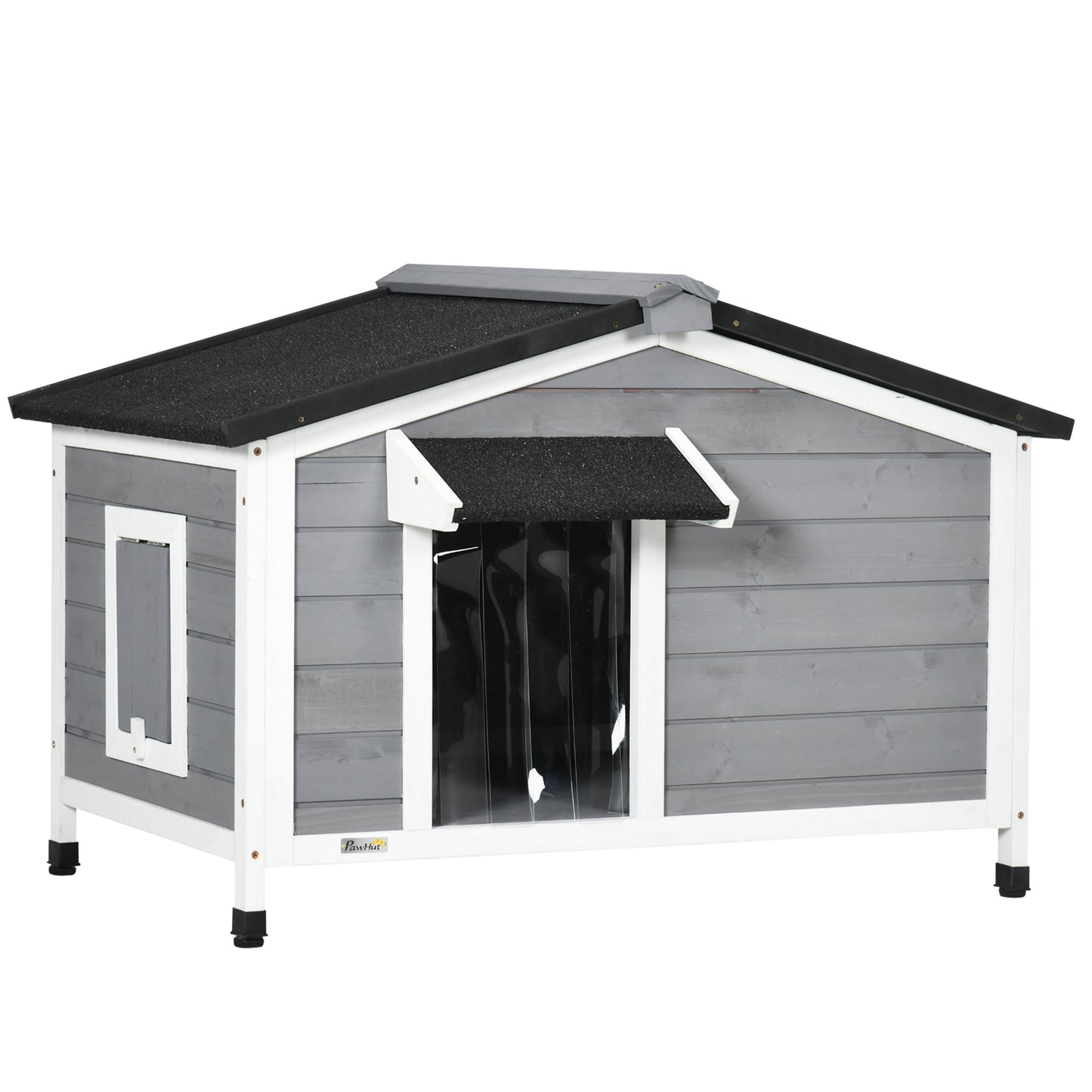 Wooden Dog Kennel | Asphalt Roof | Openable Top | Door Curtain | 2 Windows | Raised Base | Removable Tray | Small Dogs up to 15kg | 97 x 72 x 65cm | Grey