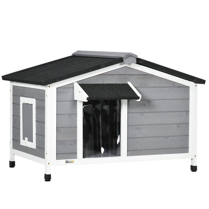 Wooden Dog Kennel | Asphalt Roof | Openable Top | Door Curtain | 2 Windows | Raised Base | Removable Tray | Small Dogs up to 15kg | 97 x 72 x 65cm | Grey