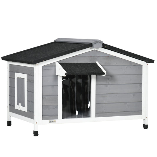 Wooden Dog Kennel | Asphalt Roof | Openable Top | Door Curtain | 2 Windows | Raised Base | Removable Tray | Small Dogs up to 15kg | 97 x 72 x 65cm | Grey