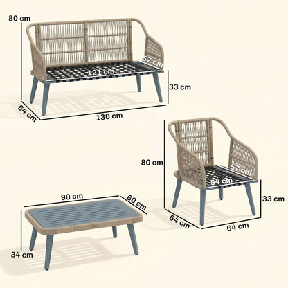 Outsunny 4 Piece Rattan Garden Furniture Set with Loveseat, Armchairs, Wood Table, Wicker Patio Conversation Set, Grey