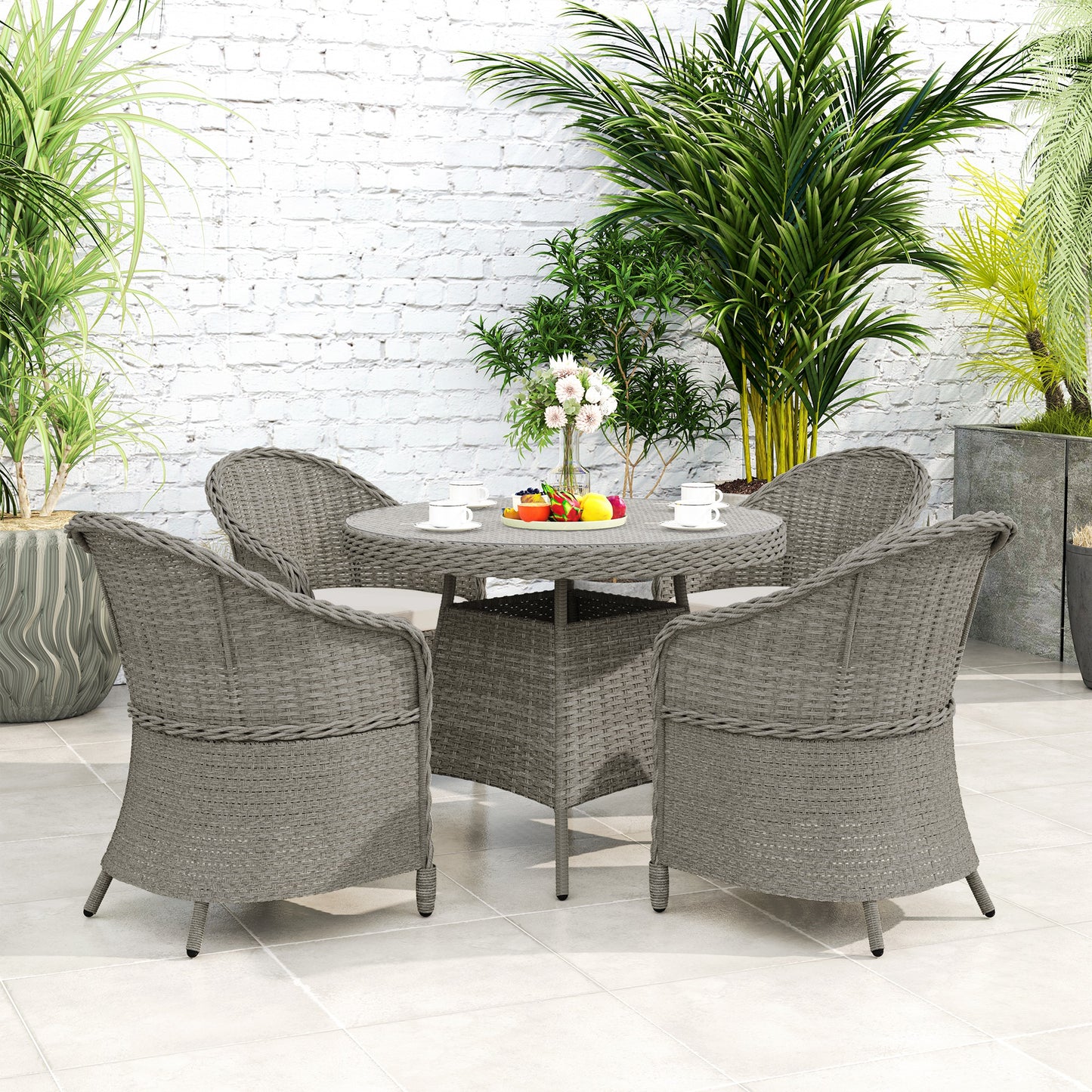 4 Seater Rattan Garden Furniture Set with Cushions, Round PE Rattan Dining Set with Glass-Top Table, Umbrella Hole, Outdoor Garden Table and Chairs