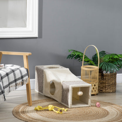 PawHut Cat Tunnel, 2 Cat Caves, Scratching Surfaces and Ball Toy, 98 cm x 30 cm x 30 cm, Brown + Beige