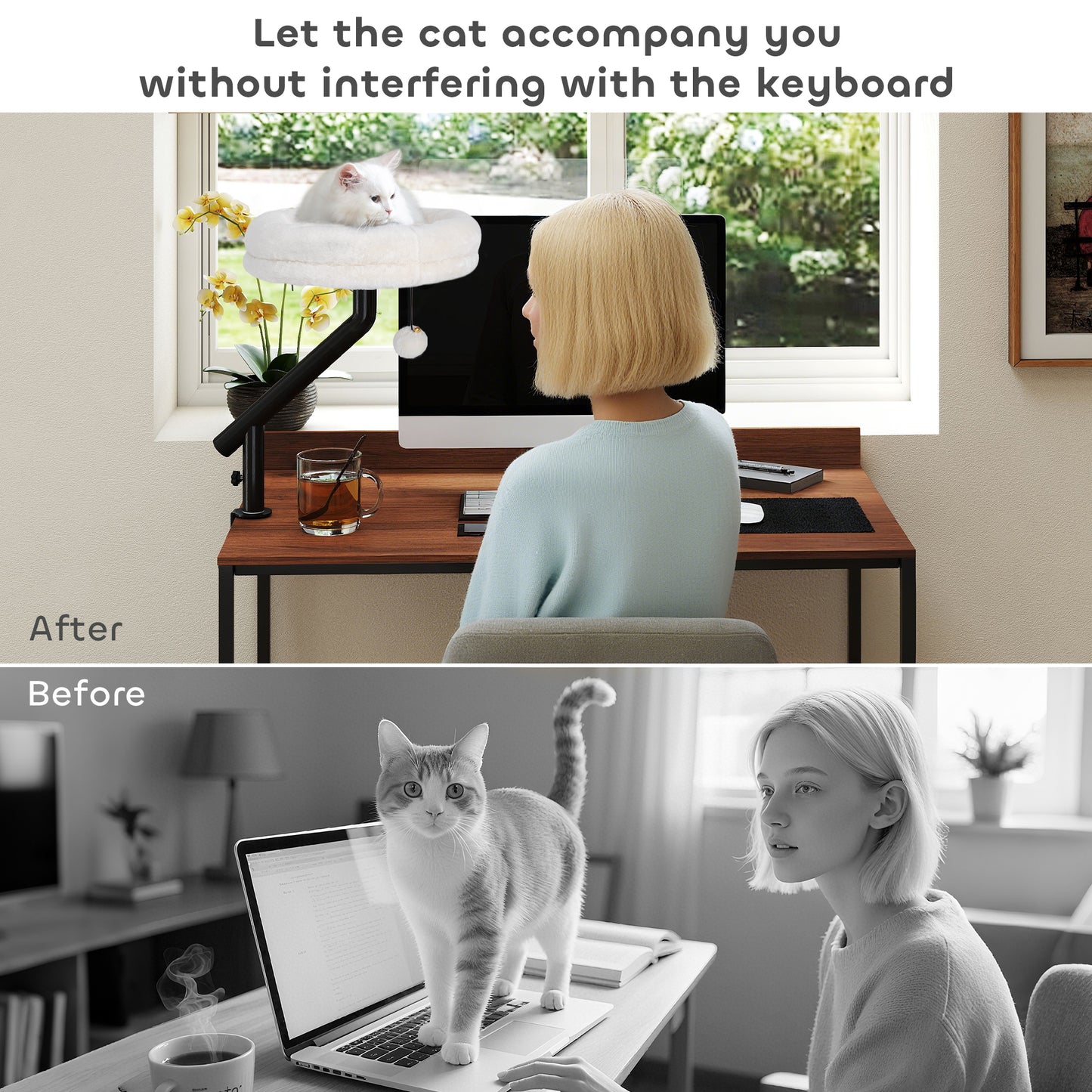 Cat Desk Bed | 360° Rotatable | Desk & Window Clamp | All-Season Plush | Up to 6kg | Cream White