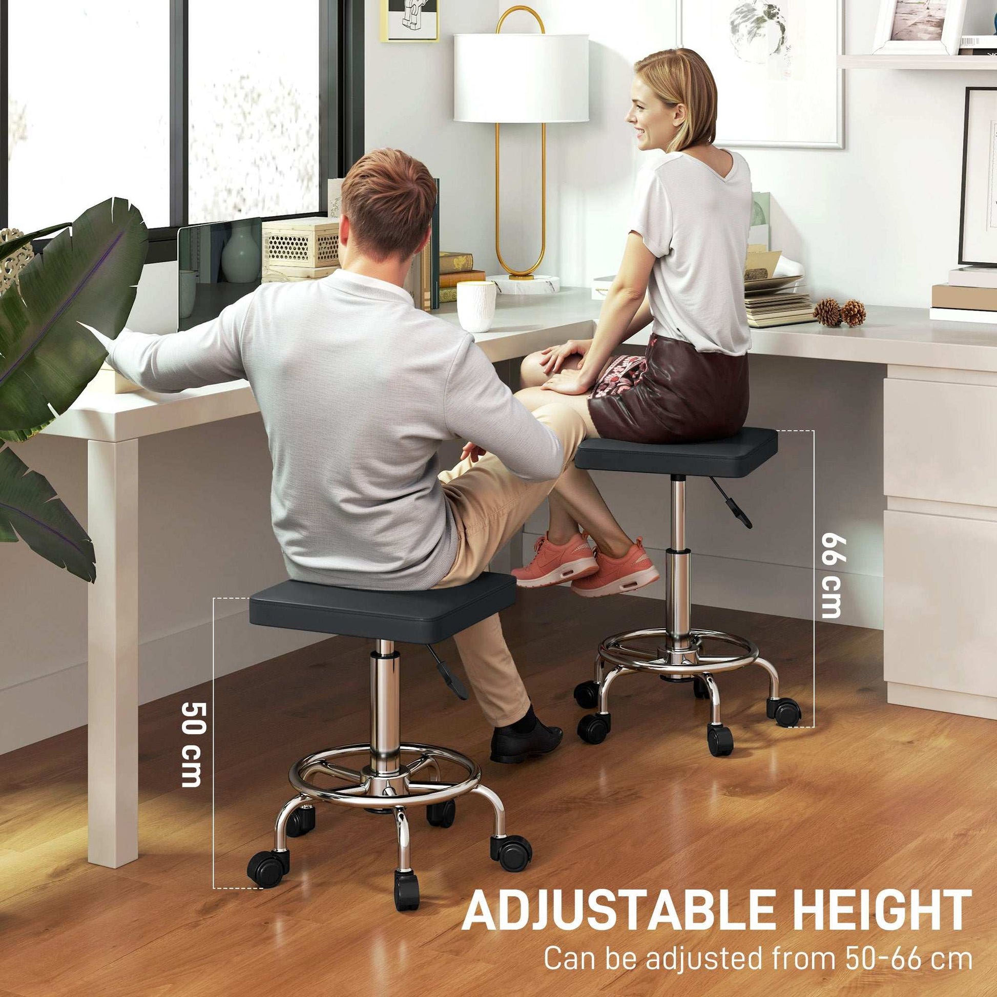 Adjustable PU Leather Rolling Stool - Black
