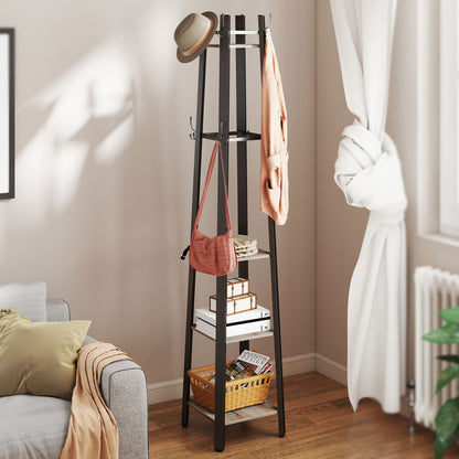 Industrial Coat Stand with 8 Hooks and 4 Shelves - Grey / Rustic Brown