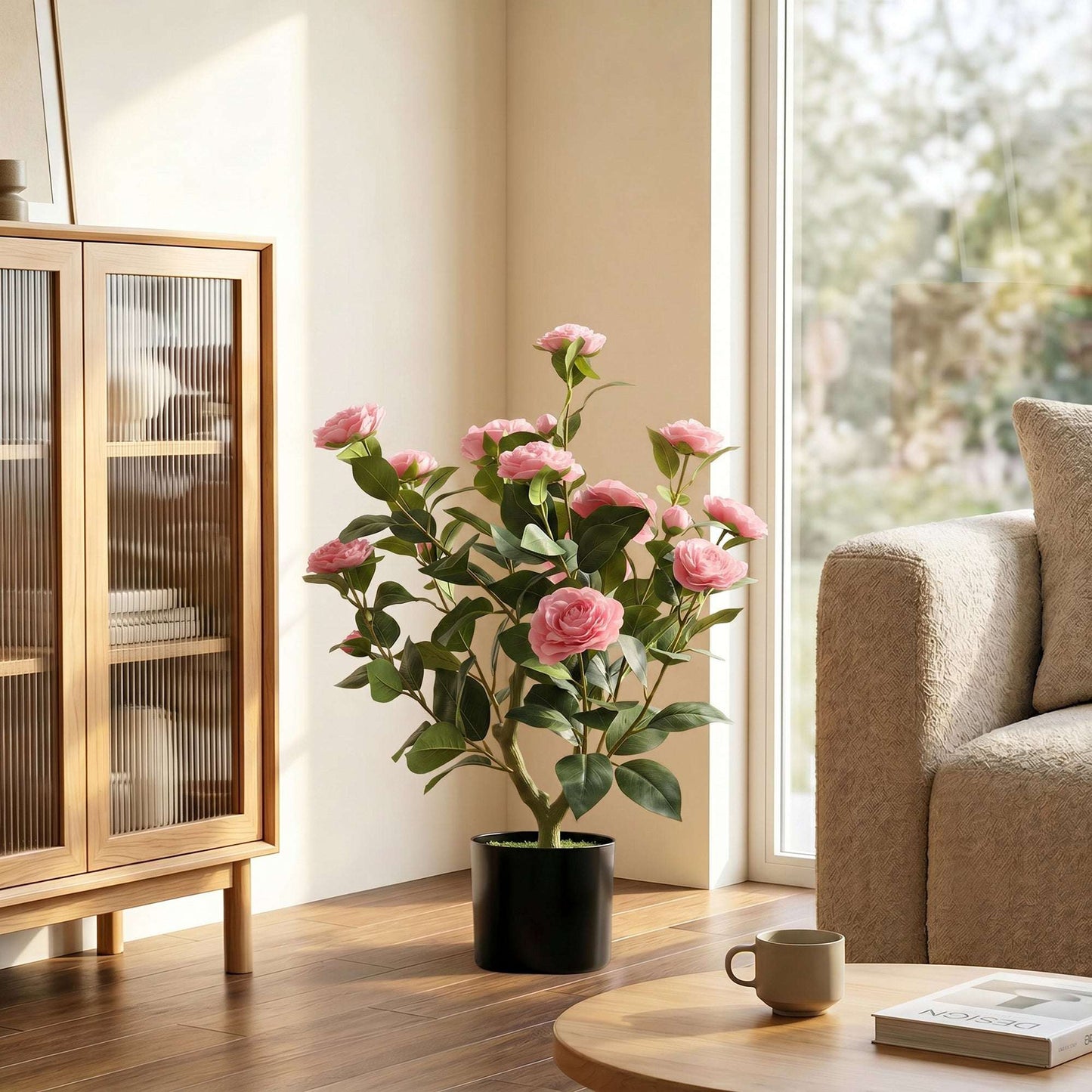65cm Artificial Camellia Flower Plant in Pot | 116 PEVA Leaves | Silk Blossoms | Moss Effect Base | Cement-Filled Pot | Bendable Internal Wires | Maintenance-Free | Pink