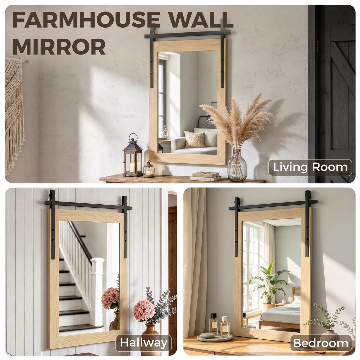 Farmhouse Wall Mirror | 110H x 66W cm Rectangle | Decorative Barn-Door Detail & Tempered Glass | White Oak or Dark Brown