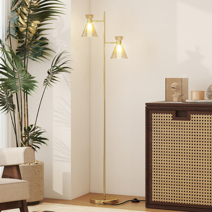 Floor Lamp with Adjustable Dual Head, Modern Standing Lamp with Floral Glass Shades and Foot Switch for Living Room Bedroom, E27 Socket, Bulb Not Included, Gold Tone