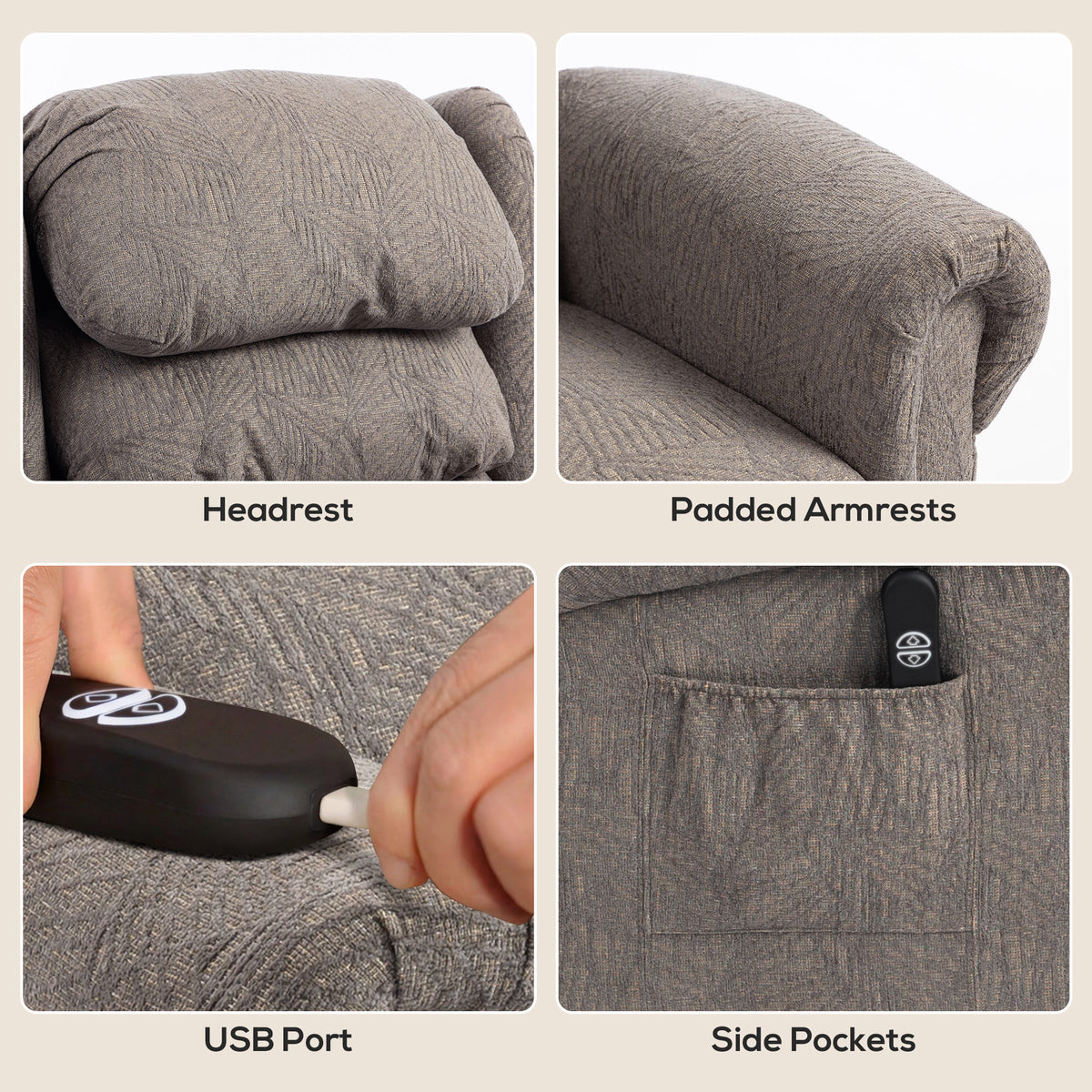 Electric Riser Recliner Chair with Power Lift | Remote Control & USB Port | 150° Recline | Pocket Springs | Velvet-Touch Fabric | 2 Side Pockets | 135kg Capacity | 92W x 95D cm Seated | Dark Grey