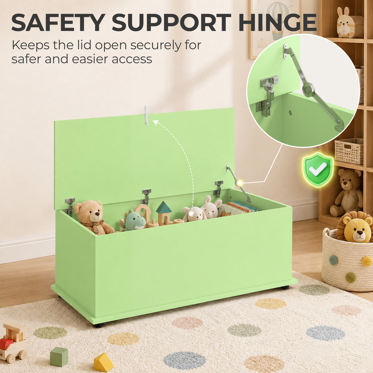 114L Green Storage Chest Bench | Wooden Blanket Box | Safety Hinge | 120kg Seat Capacity | Bedroom, Hallway & Living Room