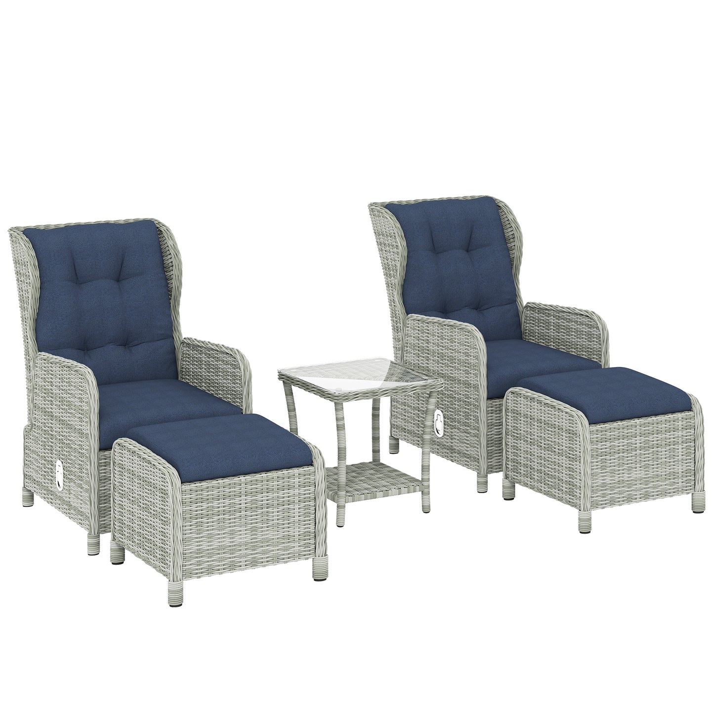 5 Piece Rattan Garden Furniture Set | 2 Reclining Chairs & 2 Footstools | Side Table | 90-135° Backrest | Aluminium Frame | Washable Cushions | 120kg | Dark Blue