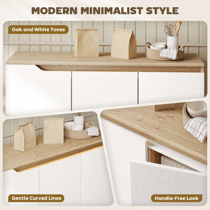 Sideboard Storage Cabinet | 3 Doors | 2 Adjustable Shelves | 5 Rubberwood Legs | Anti-Tip | 80kg | 107x35x76.5cm | White & Oak