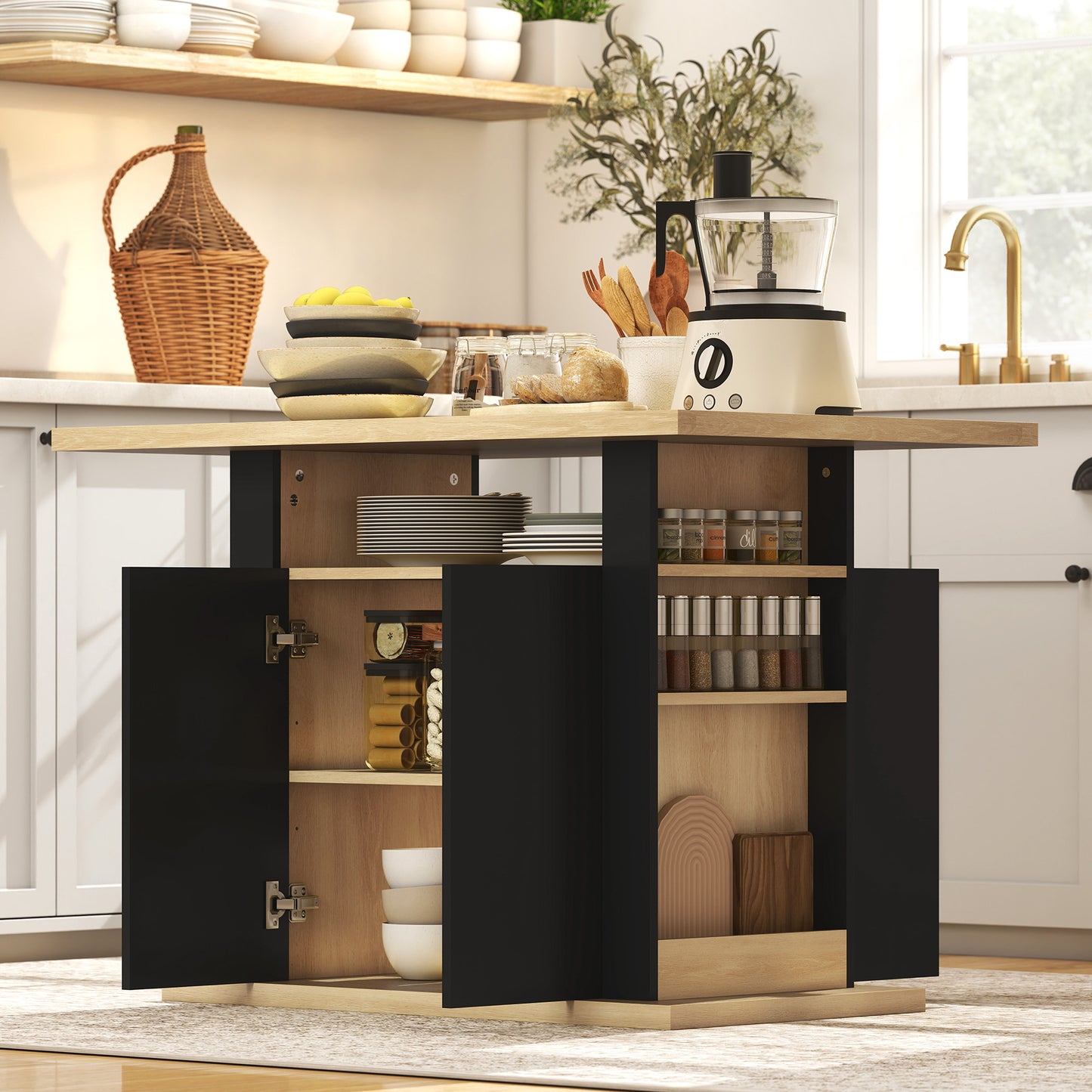 Kitchen Island with Storage Cabinets & Spice Rack | 4-Person Tabletop | Adjustable Shelves | Black & Natural Wood
