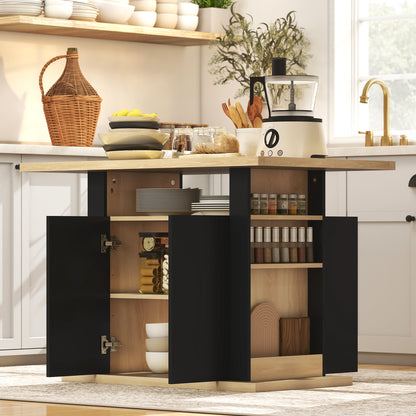 Kitchen Island with Storage Cabinets & Spice Rack | 4-Person Tabletop | Adjustable Shelves | Black & Natural Wood